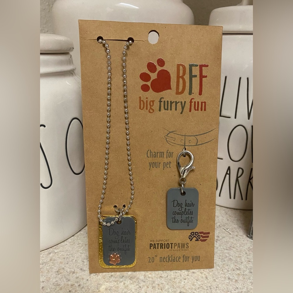 New BFF Big Furry Fun Matching Dog Tag Necklace Collar Charm Set Pet Lover Gift